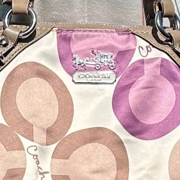 Coach Madison Clover Print Sophia Satchel Purple Pink Sateen Taupe Leather 15946 - Picture 9 of 14